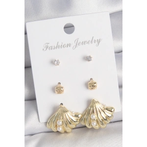 Erb Pirinç Gold Renk Zirkon Taşlı İnci Detaylı Deniz Kabuğu Model 3 Çift Kadın Küpe Seti