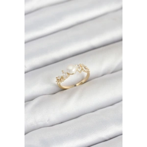 Erb Pirinç Gold Renk Zirkon Taşlı İncili Model Kadın Yüzük