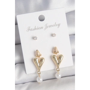 Erb Pirinç Gold Renk Zirkon Taşlı İncili Sallantılı Kalp Model 3 Çift Kadın Küpe Seti