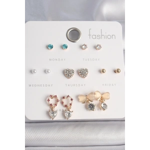 Erb Pirinç Gold Renk Zirkon Taşlı Kalp Beyaz Mineli Fiyonk Figür 7 Çift Kadın Küpe Seti