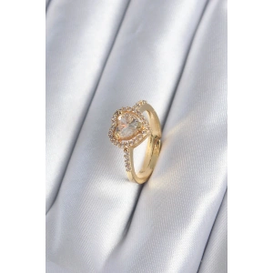 Erb Pirinç Gold Renk Zirkon Taşlı Kalp Charm Model Kadın Yüzük