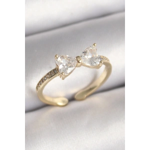 Erb Pirinç Gold Renk Zirkon Taşlı Kalp Fiyonk Model Kadın Yüzük