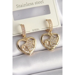 Erb Pirinç Gold Renk Zirkon Taşlı Kalp Model Ay Yıldız İşleme Kadın Küpe