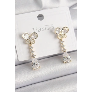 Erb Pirinç Gold Renk Zirkon Taşlı Kelebek Model Sallantı Damla Zirkon Taş Kadın Küpe