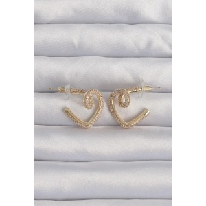 Erb Pirinç Gold Renk Zirkon Taşlı Kıvrımlı Yarım Kalp Küpe