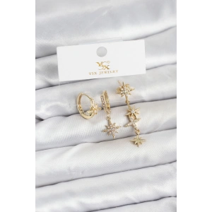 Erb Pirinç Gold Renk Zirkon Taşlı Kutup Yıldızı Model YSX Trio Küpe Seti