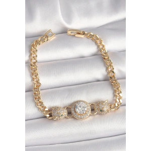 Erb Pirinç Gold Renk Zirkon Taşlı Leopar Figür Zincir Model Kadın Bileklik