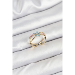 Erb Pirinç Gold Renk Zirkon Taşlı Mavi Çiçekli Kadın Yüzük