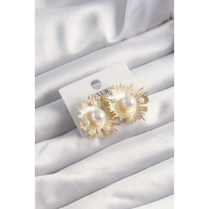 Erb Pirinç Gold Renk Zirkon Taşlı Parlayan İnci Taneleri Küpe