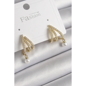 Erb Pirinç Gold Renk Zirkon Taşlı Pençe Model İnci Detay Kadın Küpe