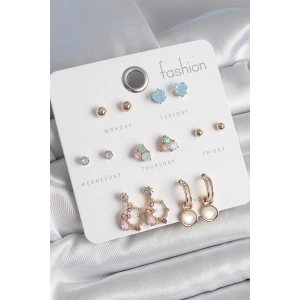 Erb Pirinç Gold Renk Zirkon Taşlı Sallantı Halka Figür Kalp Detay 7 Çift Kadın Küpe