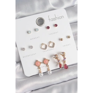 Erb Pirinç Gold Renk Zirkon Taşlı Sallantı İnci Detay 7 Çift Kadın Küpe