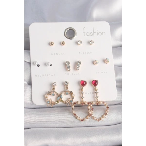 Erb Pirinç Gold Renk Zirkon Taşlı Sallantı Kalp Figür 7 Çift Kadın Küpe Seti