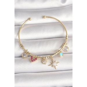 Erb Pirinç Gold Renk Zirkon Taşlı Sallantı Kutup Yıldız Figür İnci Detay Charm Kadın Bileklik