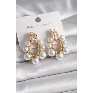 Erb Pirinç Gold Renk Zirkon Taşlı Su Yolu İncili Halka Model Kadın Küpe