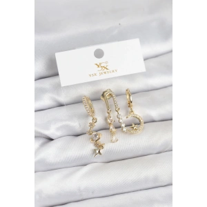 Erb Pirinç Gold Renk Zirkon Taşlı Uzay Model YSX Trio Küpe Seti