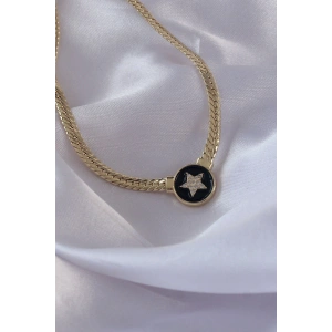 Erb Pirinç Gold Renk Zirkon Taşlı Yıldız Model Siyah Mineli Ezme Zincirli Serenay Kolyesi