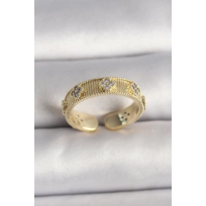 Erb Pirinç Gold Renk Zirkon Taşlı Yonca İşlemeli Ayarlanabilir Yüzük