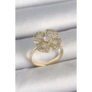 Erb Pirinç Gold Renk Zirkon Taşlı Yonca Model Ayarlanabilir Kadın Yüzük
