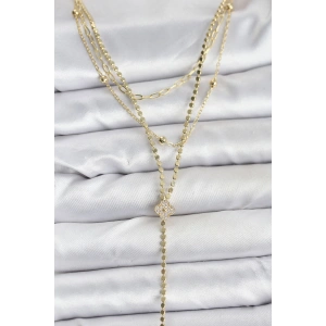 Erb Pirinç Gold Renk Zirkon Taşlı Yonca Model Detaylı 3'lü Kombin Y Kadın Kolye