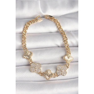 Erb Pirinç Gold Renk Zirkon Taşlı Yonca Model Kadın Bileklik