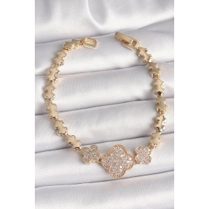 Erb Pirinç Gold Renk Zirkon Taşlı Yonca Model Zincir Kadın Bileklik