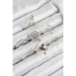 Erb Pirinç Gül Kelebek Model Gümüş Renk Kadın Yüzük Kombin Set