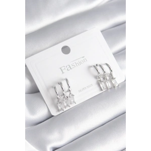 Erb Pirinç Gümüş Renk 3'lü Sallantı Zirkon Taşlı Küpe