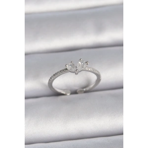 Erb Pirinç Gümüş Renk Ayaralanabilir Zirkon Taşlı Kalp Model Kadın Yüzük