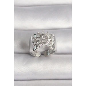 Erb Pirinç Gümüş Renk Ayarlanabilir Baget Zirkon Taş Model Kadın Yüzük