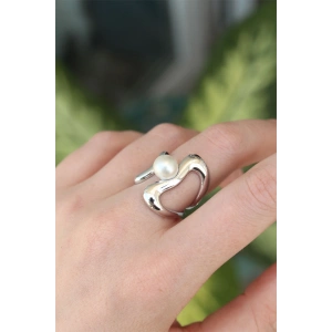 Erb Pirinç Gümüş Renk Ayarlanabilir İnci Taşlı Yüzük