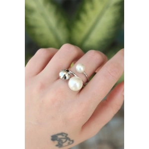 Erb Pirinç Gümüş Renk Ayarlanabilir İnci Taşlı Yüzük