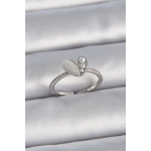 Erb Pirinç Gümüş Renk Ayarlanabilir Zirkon Taşlı İncili Beyaz Mineli Kalp Model Kadın Yüzük