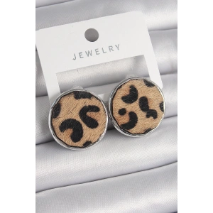 Erb Pirinç Gümüş Renk Daire Plaka Model Leopar Desenli Kadın Küpe