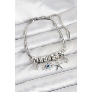 Erb Pirinç Gümüş Renk Göz Model Charmlı Kadın Bileklik