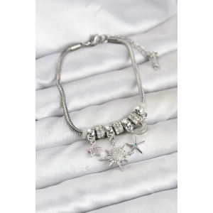 Erb Pirinç Gümüş Renk Güneş Tema Charmlı Kadın Bileklik