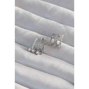 Erb Pirinç Gümüş Renk İncili Çoklu Zirkon Taşlı Yarım Halka Küpe