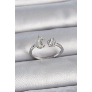 Erb Pirinç Gümüş Renk İncili Hilal Zirkon Taşlı Yıldız Ayarlanabilir Kadın Yüzük