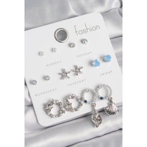 Erb Pirinç Gümüş Renk İncli Zirkon Taşlı Halka Figür Yıldız Detay 7 Çift Kadın Küpe Seti