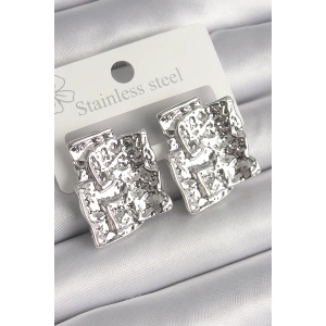 Erb Pirinç Gümüş Renk İşlemeli Kare Plaka Model Kadın Küpe