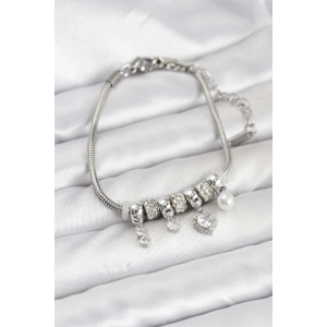 Erb Pirinç Gümüş Renk Kalp Charmlı Kadın Bileklik