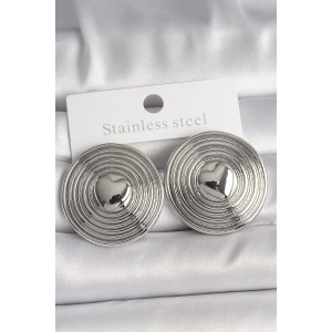 Erb Pirinç Gümüş Renk Kalp İşlemeli Daire Plaka Model Kadın Küpe