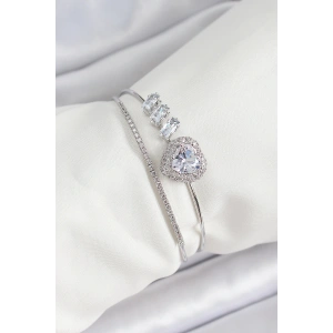 Erb Pirinç Gümüş Renk Kalpli Zirkon Taşlı Kadın Bileklik