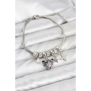 Erb Pirinç Gümüş Renk Kaplan Model Charmlı Kadın Bileklik