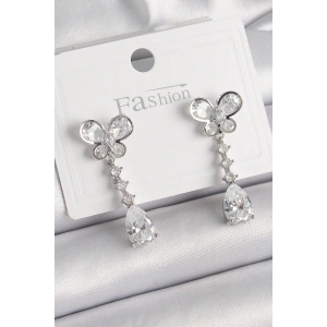 Erb Pirinç Gümüş Renk Kelebek Model Sallantı Damla Zirkon Taşlı Kadın Küpe