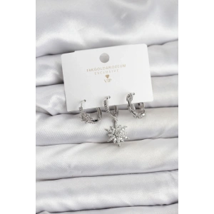 Erb Pirinç Gümüş Renk Kutup Yıldızı Model 3'lü Kadın Küpe Seti