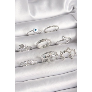 Erb Pirinç Gümüş Renk Nazar Boncuk Detay İncili Kelebek İşlemeli Kadın Yüzük Kombini