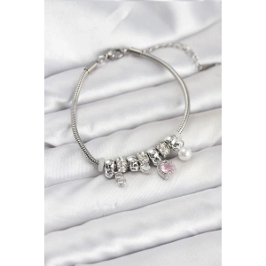 Erb Pirinç Gümüş Renk Pembe Kalp Charmlı Kadın Bileklik