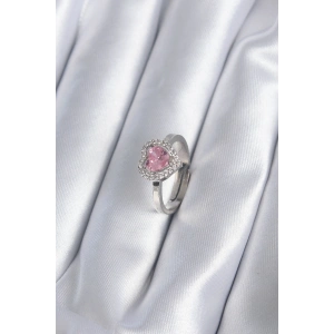 Erb Pirinç Gümüş Renk Pembe Zirkon Taşlı Charm Model Kadın Yüzük