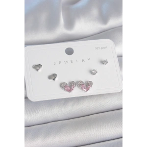 Erb Pirinç Gümüş Renk Pembe Zirkon Taşlı Kalp Model 925 Ayar Gümüş Çivi Kadın Küpe Seti